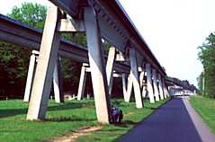 Hundreds of concrete pillars support the probe trajectory for the high-speed magnetic train between Papenburg and Haren in Nordrhein-Westfalen, Germany, just across the border from the Netherlands.
