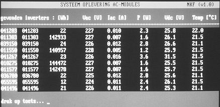 photo of screen of DOS version 1.0 monitoring software, just after installation of 6 new 108 Wp solar panels with OK4 inverters