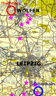 Plans for new high-tech 30 MW solar cell plant in Thalheim (red), only 54 km. away from Shell Solar's huge Espenhain PV-installation (blue) in Eastern Germany. Pink stars are old lignite strip-mines.