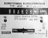 display of analog meter with turning disk. Important: number of revolutions per kWh (375) for calibration.